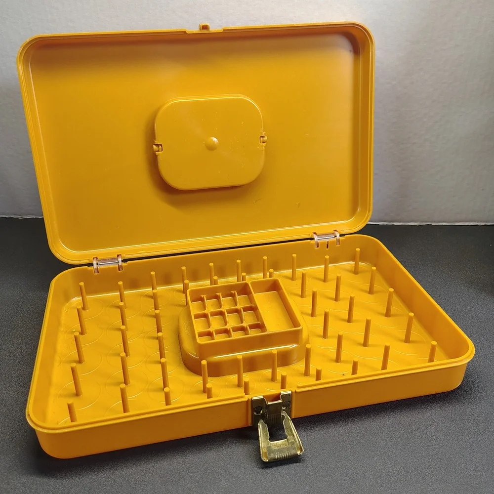 Vintage Wil-hold Sewing Thread and Bobbins Storage Caddy Box Plastic 70s Gold